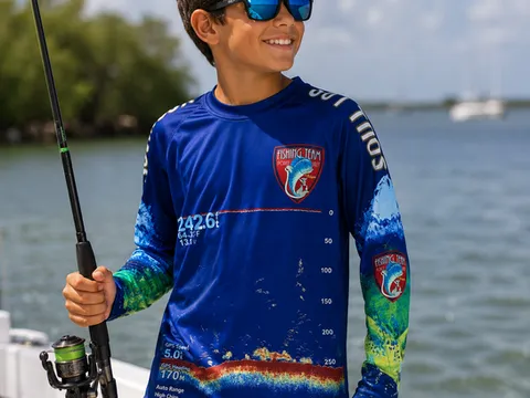 Blue custom performance fishing shirt on the water