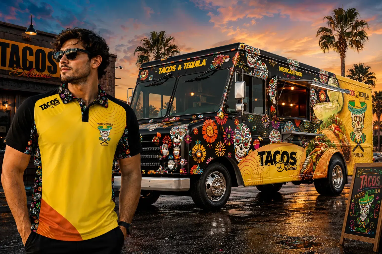 Tacos and Tequila custom polo and food truck wrap