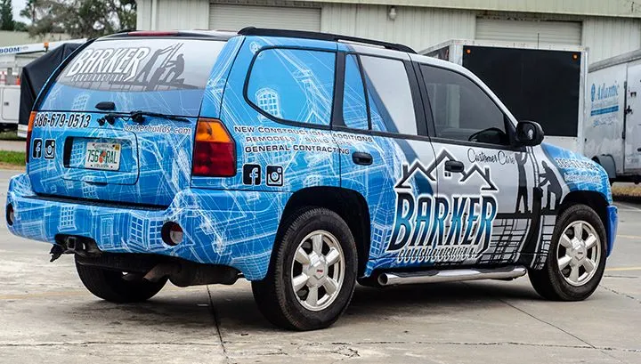 Barker Construction blue technical-illustration vehicle wrap