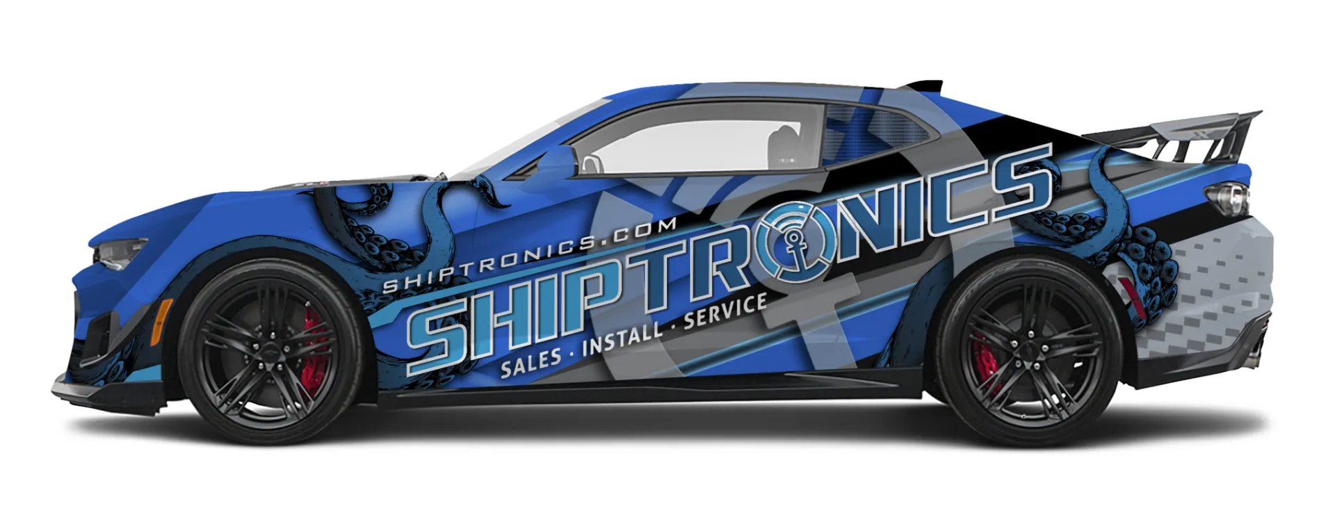 Blue Shiptronics sports car with octopus-inspired custom wrap