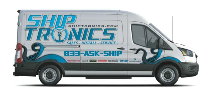 Shiptronics commercial van wrap with blue marine-inspired graphics