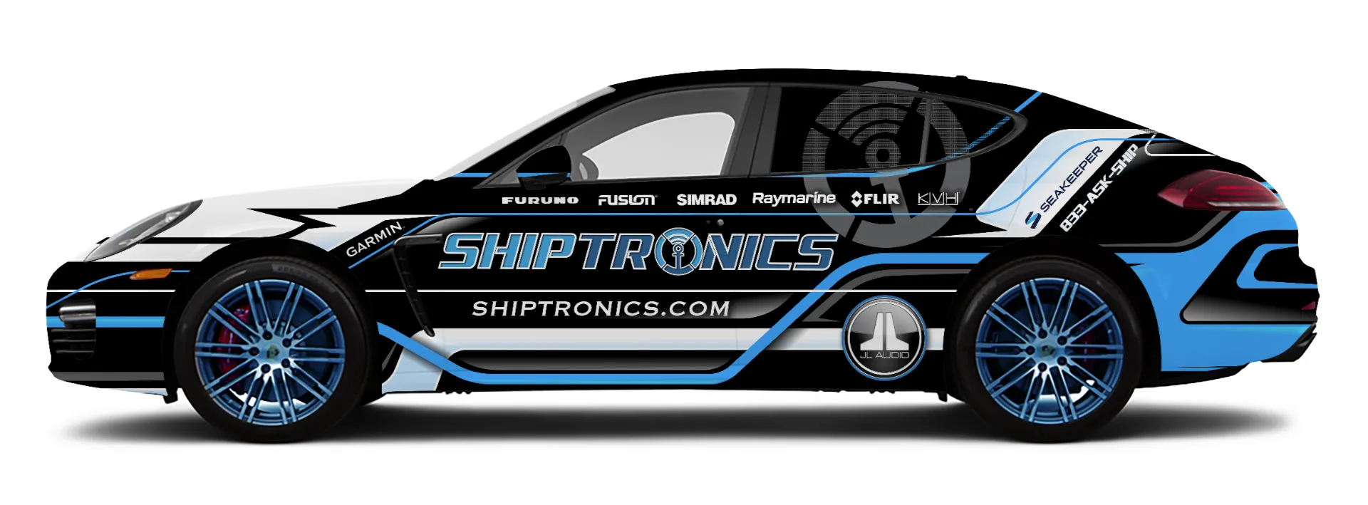 Shiptronics black and blue sports car wrap design