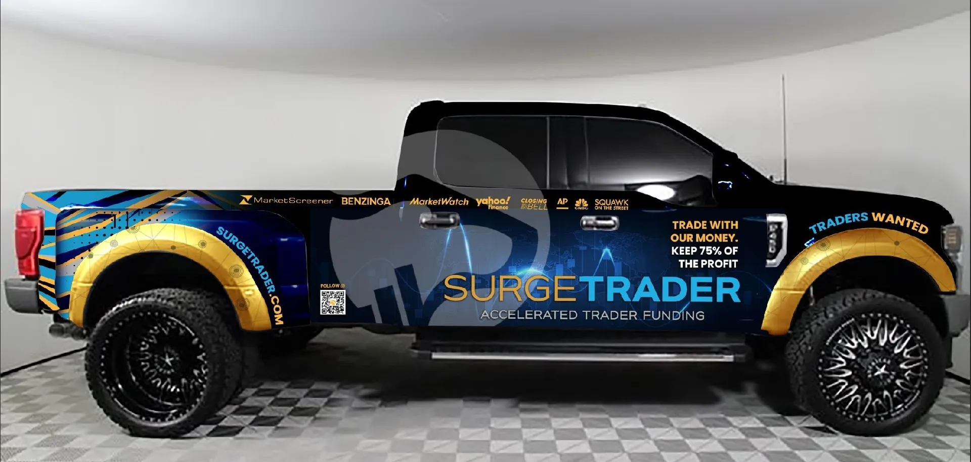 SurgeTrader branded pickup truck wrap design mockup